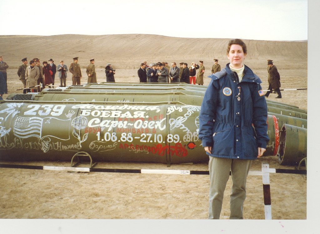 Eileen Malloy, chief of the arms control unit at the U.S. Embassy in Moscow, standing in Sary-Ozek, Kazakhstan, where the last Soviet short-range missiles were eliminated under the INF Treaty in spring 1990.