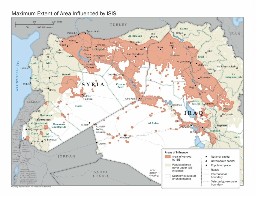 Maximum Extent of ISIS area of influence map