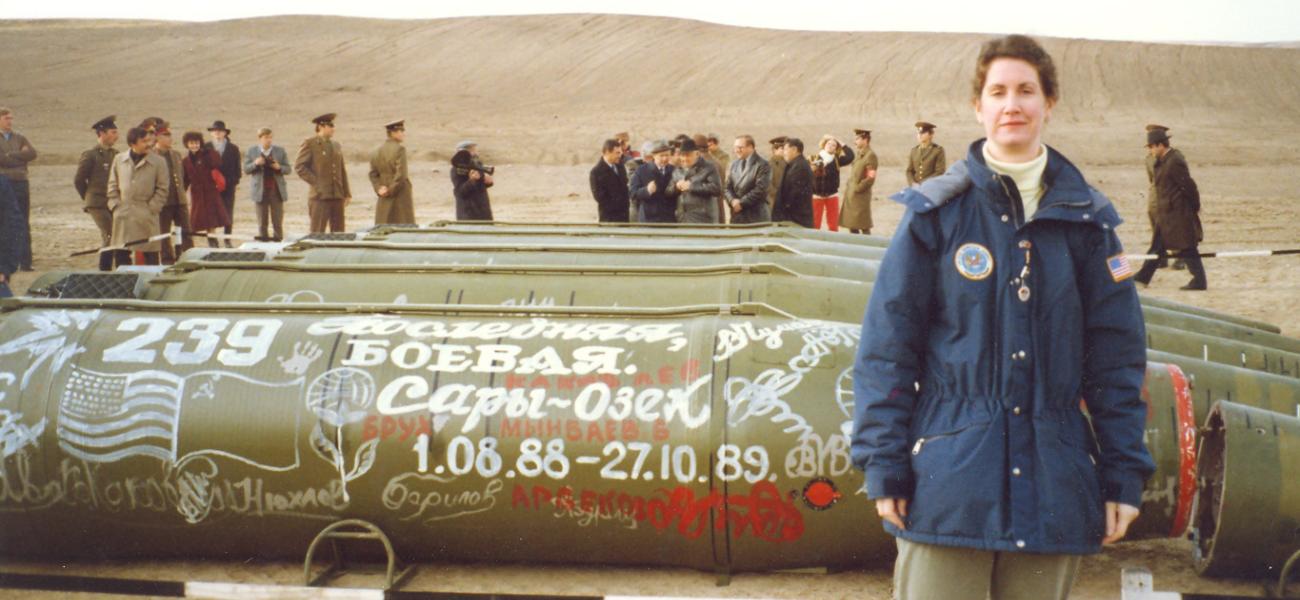 Ambassador Eileen Malloy observes the destruction of the last Soviet short-range missiles in Kazakhstan under INF in 1990.