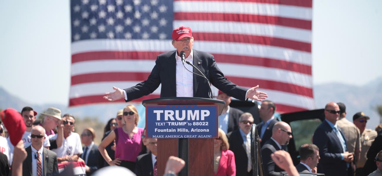 Donald Trump addresses crowd at campaign stop in Fountain Hills, Arizona.