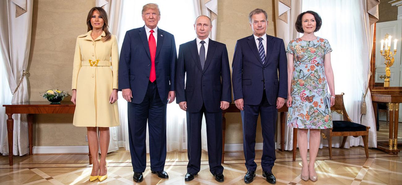 U.S. President Donald Trump, Melania Trump, Russian President Vladimir Putin, Finnish President Sauli Niinistö and Jenni Haukio on July 16, 2018.