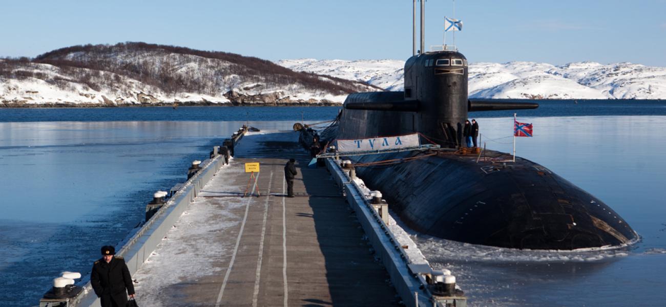 The K-114 Tula nuclear submarine at a pier of the Russian Northern Fleet's naval base in the Murmansk Region town of Gadzhievo, March 2011.