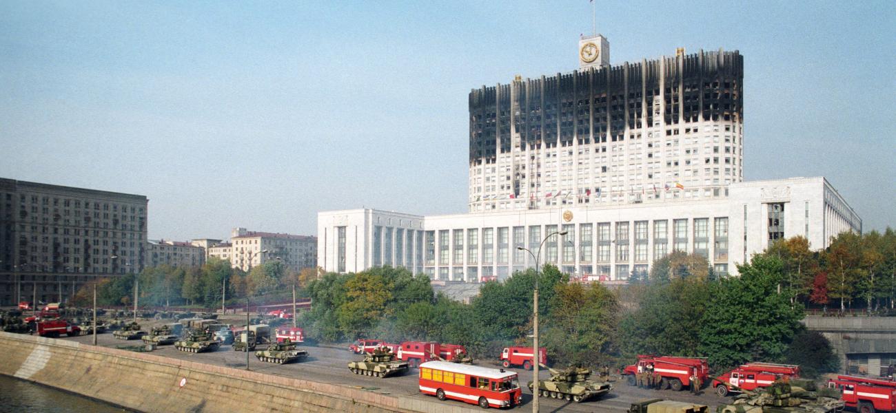 Tanks near the burned Russian parliament building. Photo ITAR-TASS/Igor Zotin, 1993.