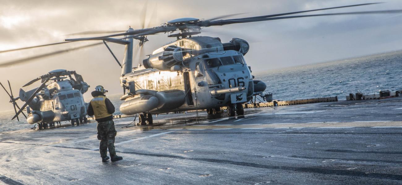 A U.S. Marine Corps CH-53 Sea Stallion prepares for takeoff aboard USS Iwo Jima Oct. 17, 2018 in preparation for Trident Juncture 2018. 