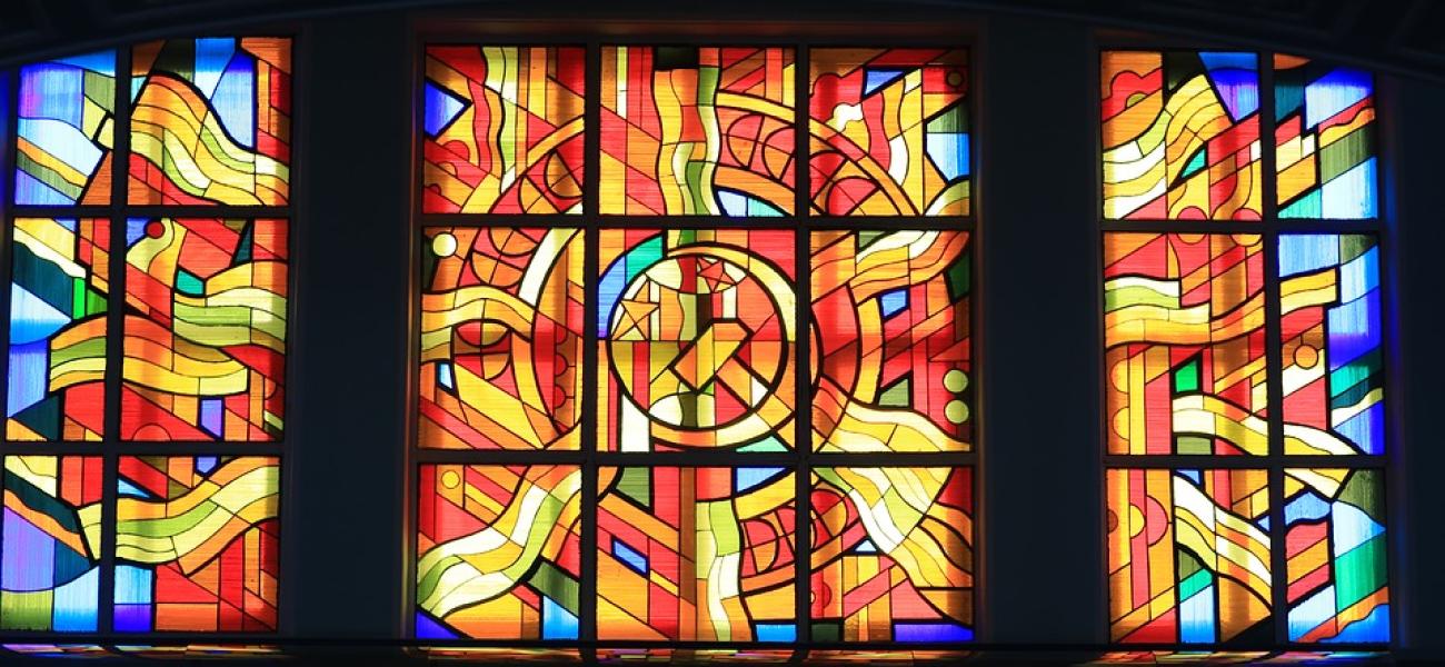 Soviet-themed stained-glass window
