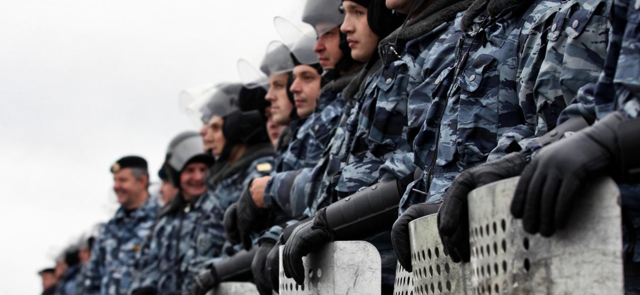 OMON troops in Moscow, Russia line up.