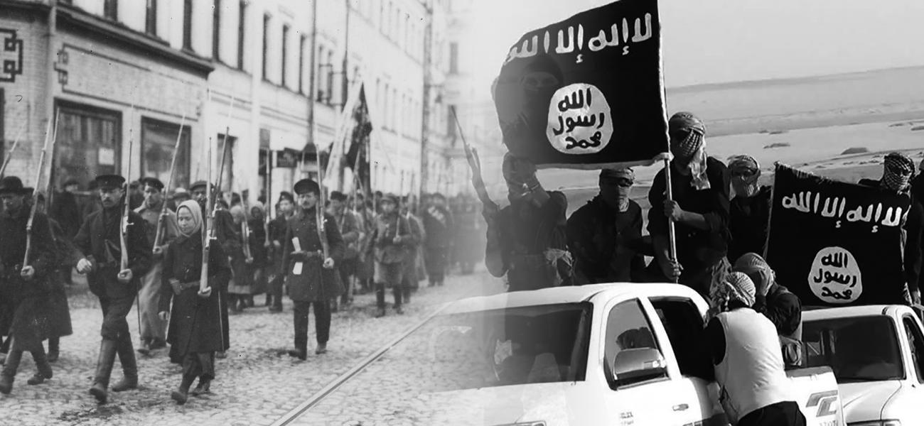 Photo montage: armed Bolsheviks marching fading into a group of Islamic State fighters.