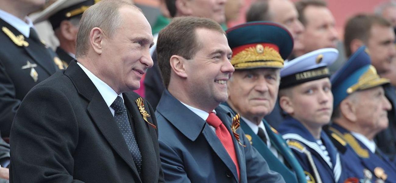 Medvedev, with Putin, at a Victory Day celebration, 2012
