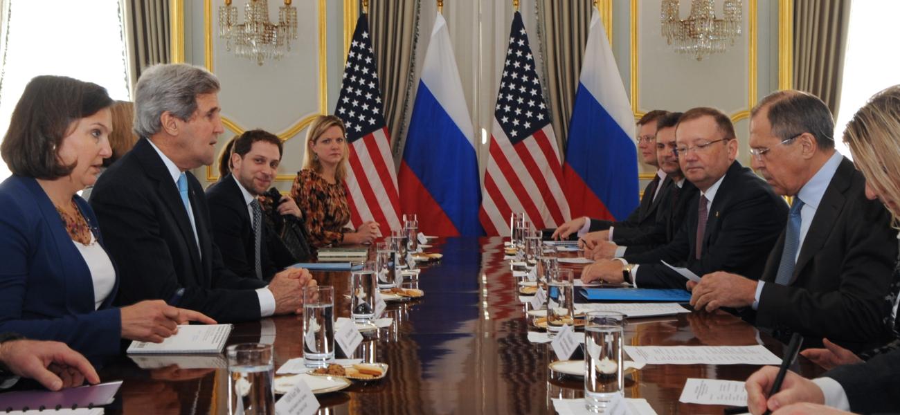 U.S. Secretary of State John Kerry, Russian Foreign Minister Sergey Lavrov and their teams sit down for a bilateral discussion.