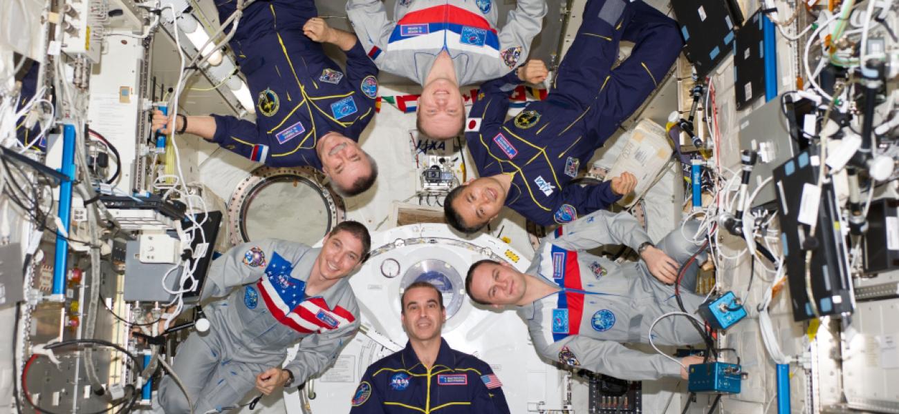Russian cosmonauts, NASA astronauts and a Japanese astronaut on the International Space Station.