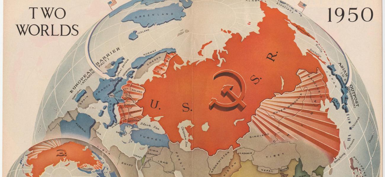 "Two Worlds" map showing the USSR in red with the U.S. in blue barely visible over the horizon.