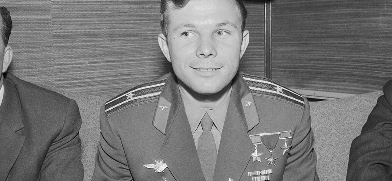 Soviet cosmonaut Yuri Gagarin at a press conference during his visit to Finland.