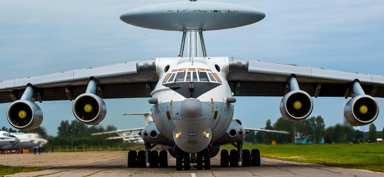 A Russian Defense Ministry A-50 early-warning plane standing on the tarmac in Ivanovo, Russia.