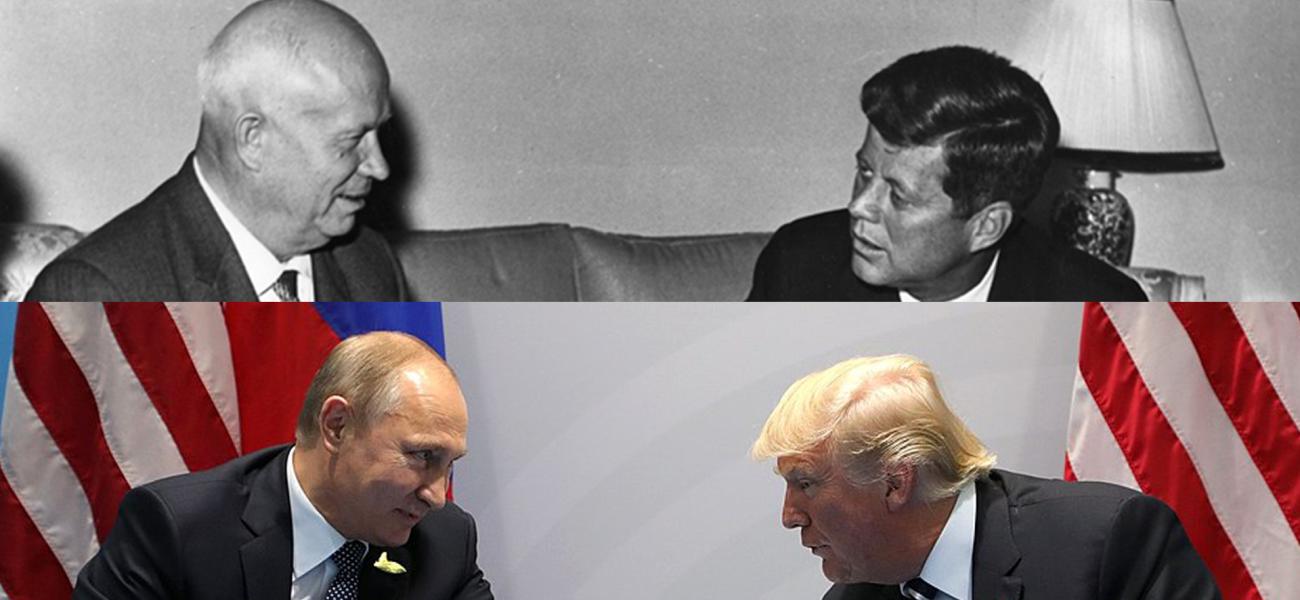 Photo of Soviet leader Nikita Khrushchev and U.S. President John F. Kennedy over photo of Russian President Vladimir Putin and U.S. President Donald Trump