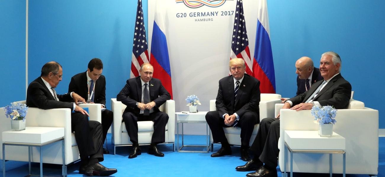 Putin and Trump with foreign ministers and interpreters, July 2017