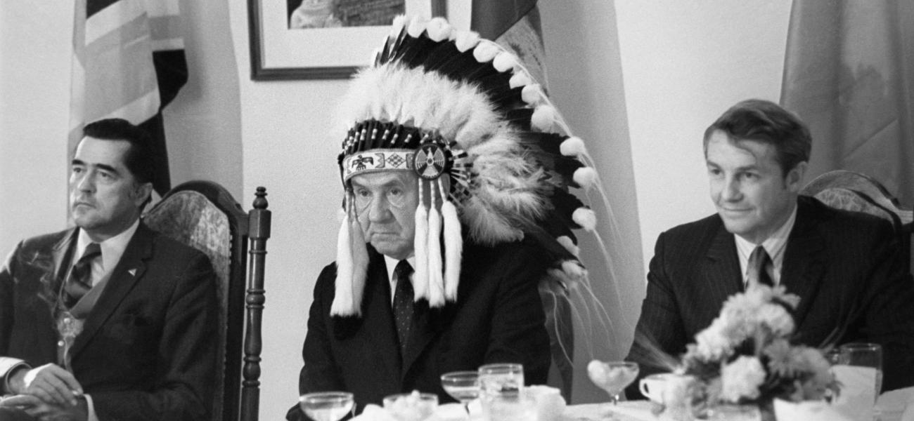 Soviet Premier Alexei Kosygin meeting in 1971 with representatives of Canada's indigenous population in Edmonton. 